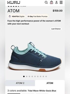 KURU Atom Sz 8 Wide in Tital Wave Teal & White Oasis Orig $159 Like New
